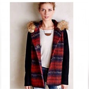 Anthropologie • Elevenses Berwick Plaid Wool Coat Faux Fur Trim Smal